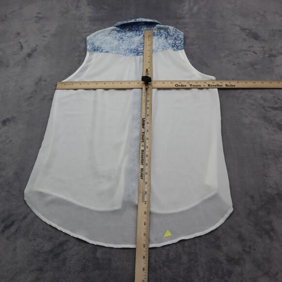 EM Shirt Womens White Blue Sleeveless Collared Button Sheer High Low Hem - Picture 3 of 15
